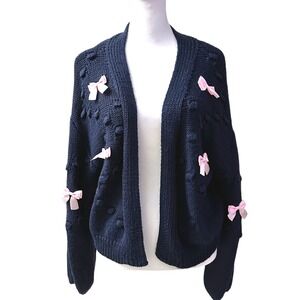 Threaded Leaf Cardigan Sweater Womens Small Navy Blue Pink Bows Coquette CC1011‎